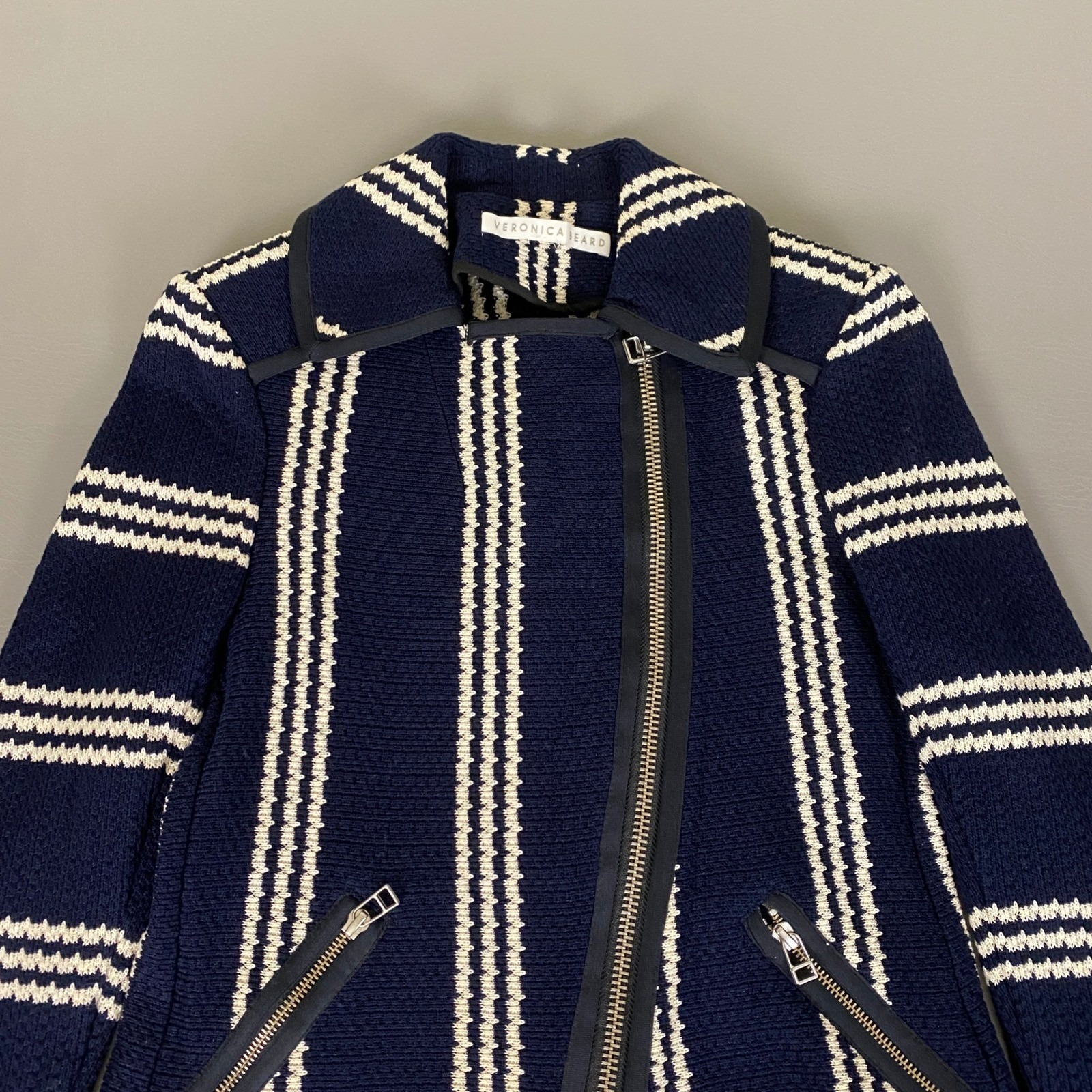 Veronica Beard Moto Knit Jacket Women's Size 0 Xs Navy Cream Striped Zip Euc